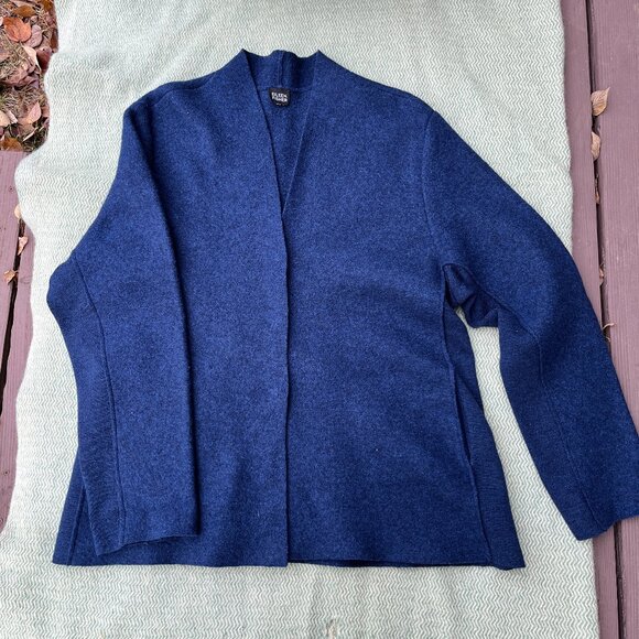 Eileen Fisher Jackets & Blazers - Boiled wool deep navy/deep purple button down v-neck jacket, elastic sides L!
